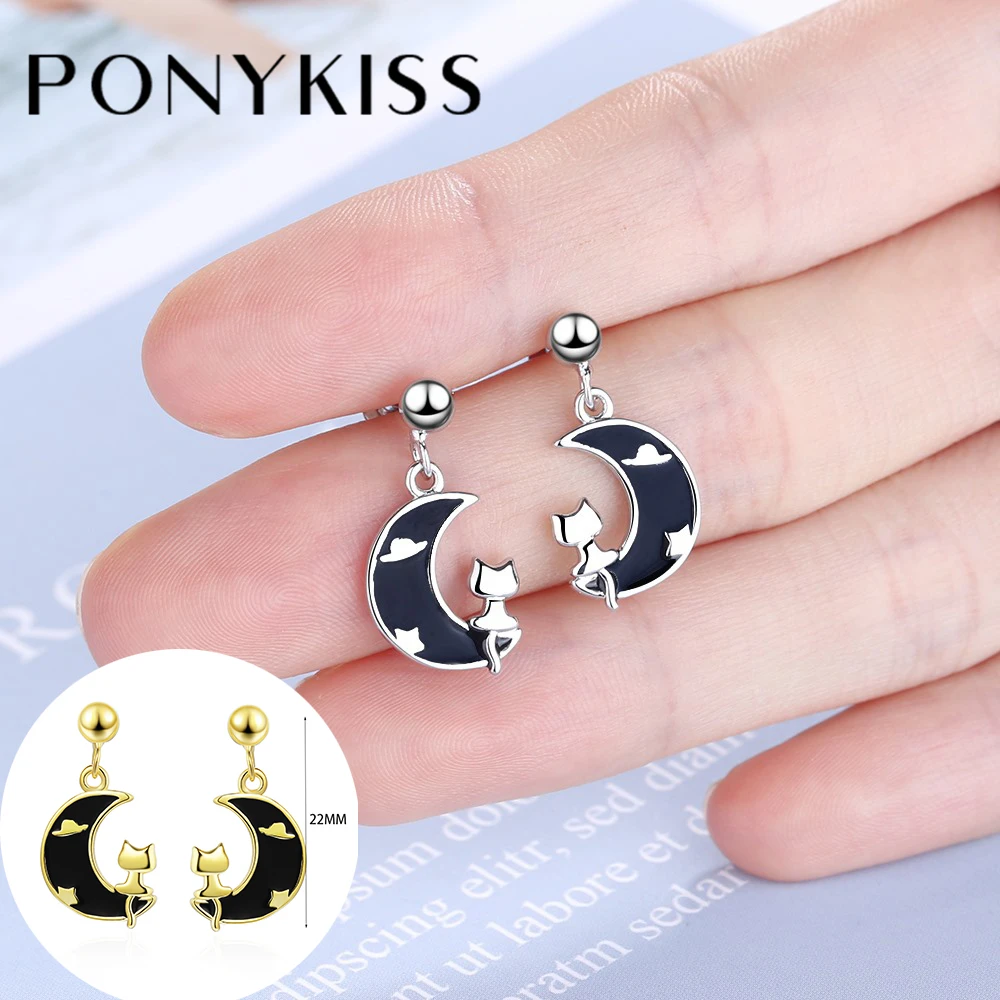 

Серьги-подвески женские из серебра 925 пробы с Луной и котом