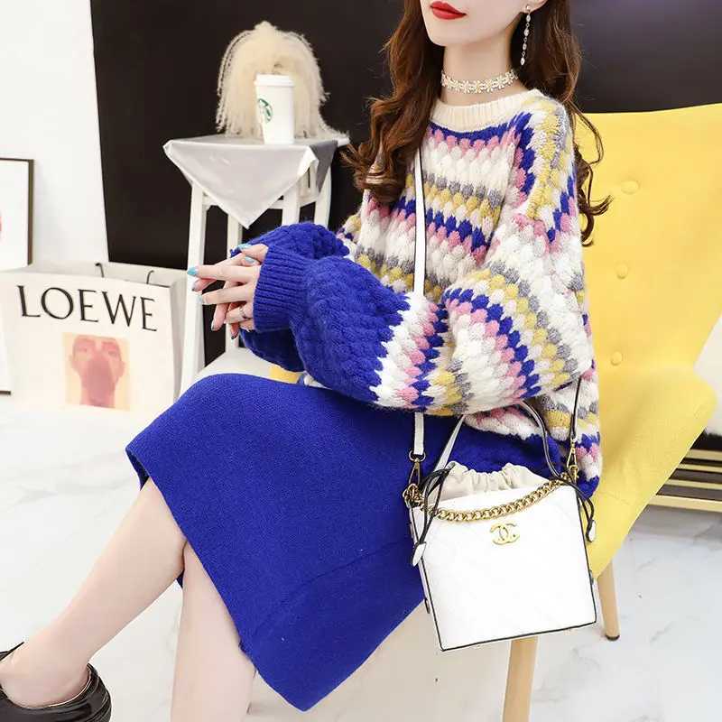 

Fashion mid-length Wool Blends 2 piece set women very fairy knit bottoming suit autumn and winter 2021 new woman sweaters trend