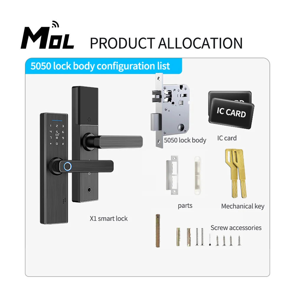 

MOL Wifi Tuya X1-BLACK Electronic Door Lock Security With Tuya APP Remotely/Biometric Fingerprint/Smart Card/Password/Key Unlock