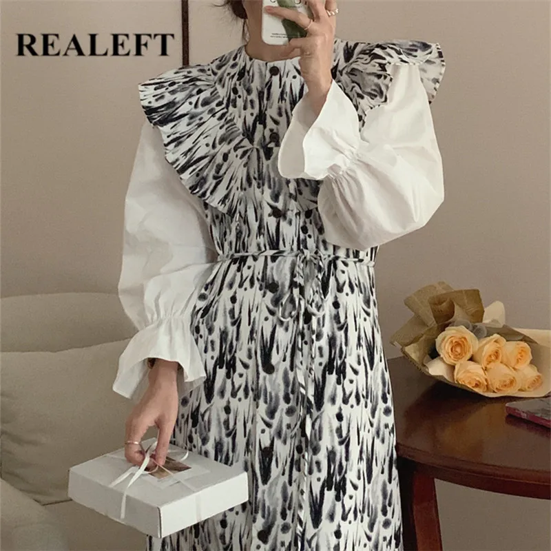 

REALEFT 2022 Spring Vintage Casual Dresses Female Round Neck Tie Up High Waist Long Sleeve Ladies Patchwork Women A-Line Dress