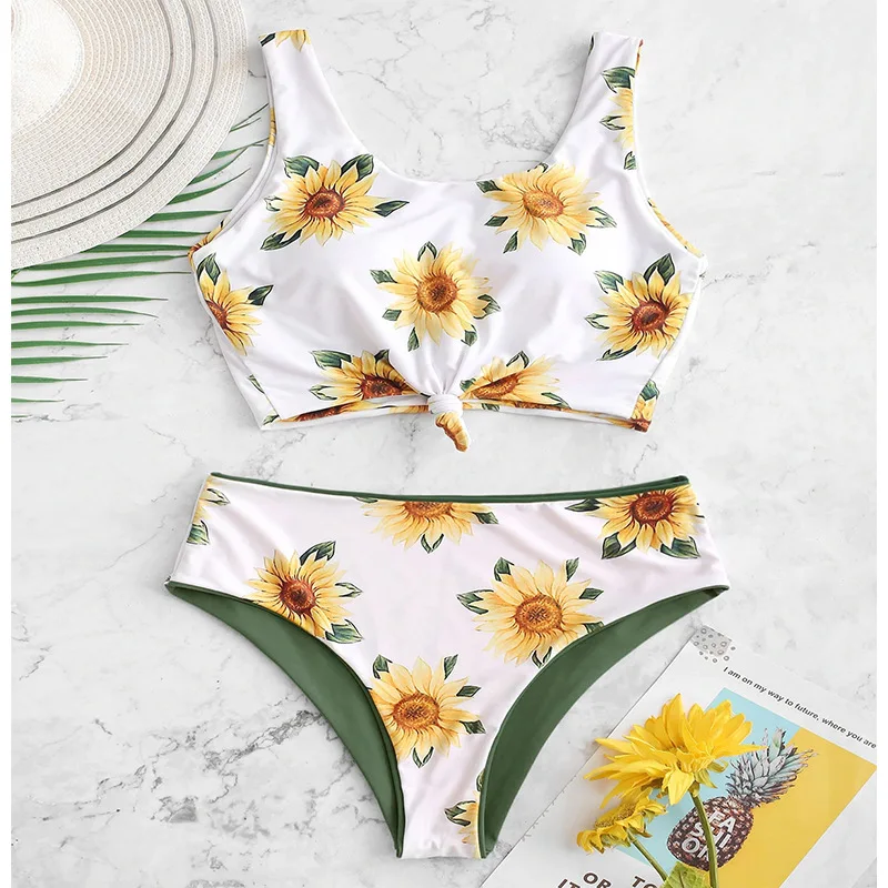 Пикантная обувь с принтом в виде подсолнухов купальник Высокая Талия бикини