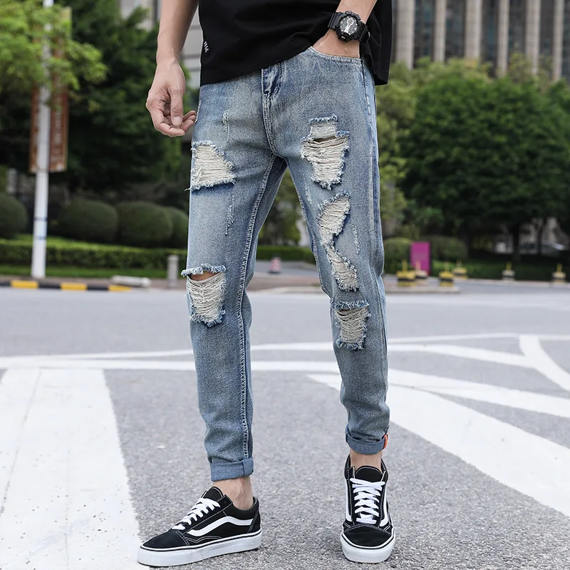 Мужские джинсы в стиле хип-хоп, синие крутые облегающие рваные Эластичные Обтягивающие джинсовые брюки большого размера для мужчин, повсед...