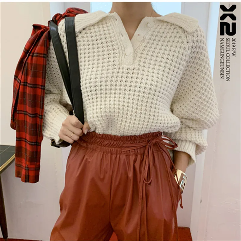 Элегантный винтажный вязаный свитер с узором женская мода три пуговицы отложной