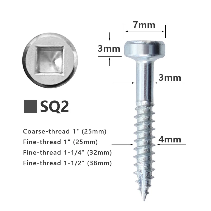 

Woodworking Screws Galvanized Coarse Thread Fine Thread SQ2 Pocket Screws Stainless Steel Cross Recessed Countersunk Flat Head