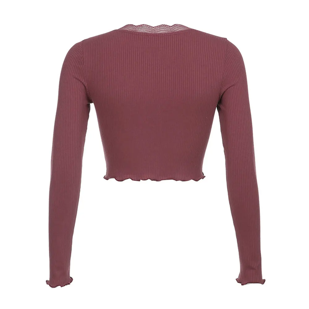 

KANCOOL 2021 E-girl Sweet Deep V-neck Lace Trim Crop Tops Y2K Slit Hem Long Sleeve Brown T-shirts Vintage 90s Aesthetics Top