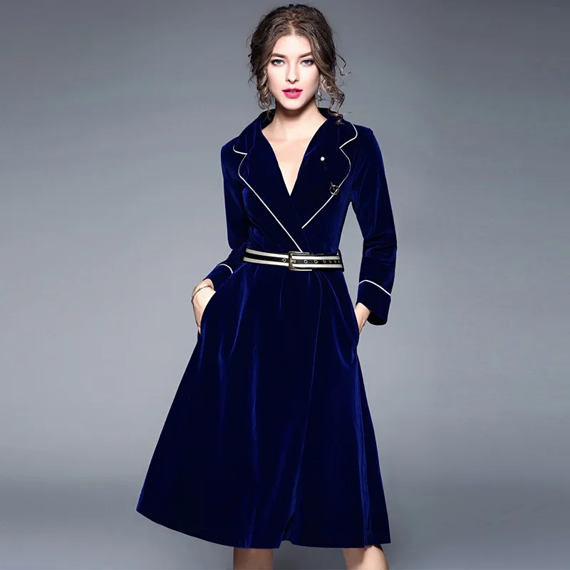

Lapel Long Sleeves Velvet Winter Dress Ropa De Mujer Women Big Pendulum Work Office Dress with Belt Robe Femme Dresses