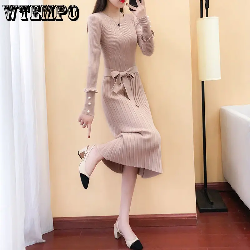 

Long Knitted Sweaters O-Neck Long Sleeve Sweater High Waist Bottom Women's Knit Dress Spring Autumn Tops