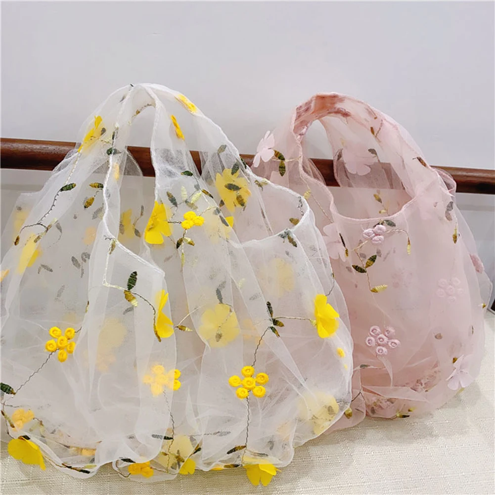 

Elegant Embroidery Transparent Tote Bag Women Flower Mesh Party Retro Shoulder Bag Handbag Vintage Clutch Handbag