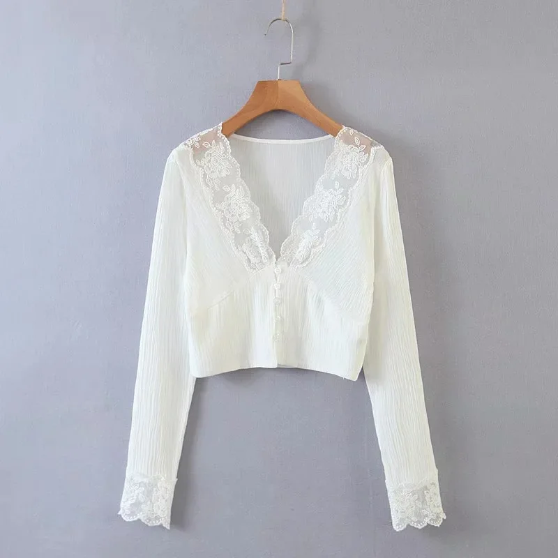 

2020 Fall Winter Women's Sexy Vneck Long Sleeve Vintage Lace Slim Fit Short Top Blouse Elegant Shirt Wear Chiffon Botton Clothes