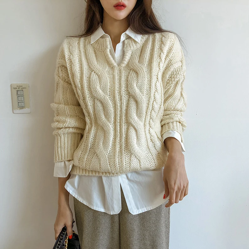 

Winter Women Twisted Pullover Loose Sweater Casual V-neck Autumn Long Sleeve Warm Female Knitted Jumper Tops JK330