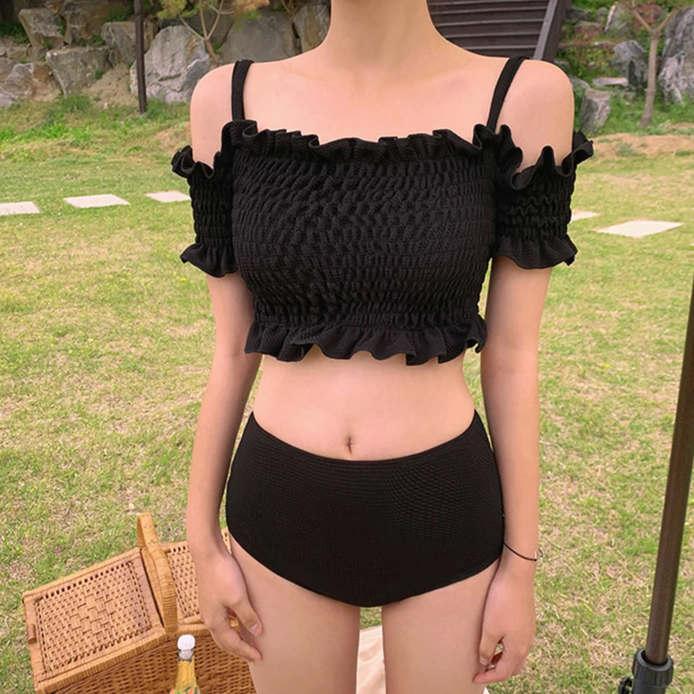 

New Korean Style Sexy Hem Bikinis Set Middle Waist Swimsuit Women Biquini Suit Two Pieces Swimwear Black Swimsuit High Quality