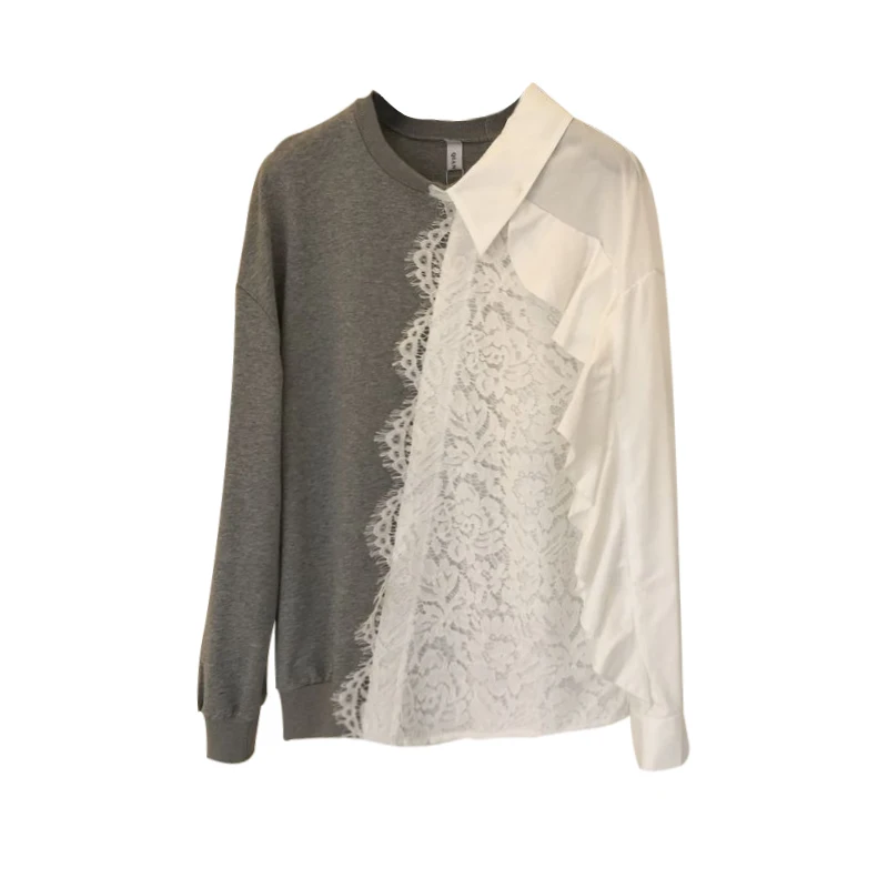 

IHOBBY 2020 Spring New Boutique Women Lace Patchwork Sweatshirt Personality Long Sleeve Round Neck Oversized Hoodie