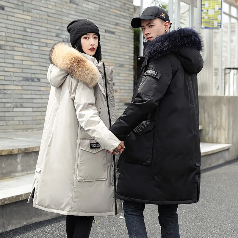 Down jacket for men's mid - length hooded and large - collar couples down jacket for cool fashion warm coat