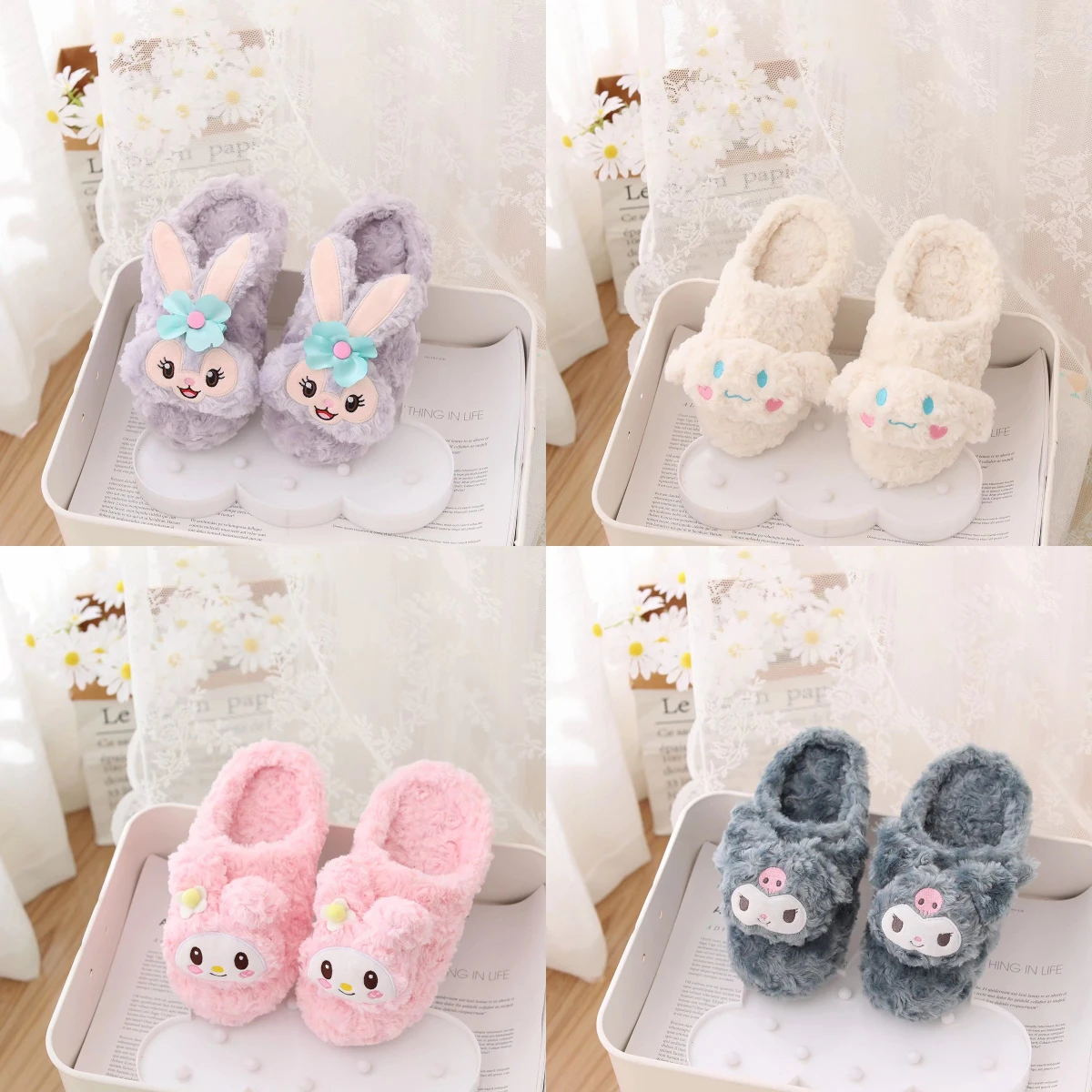 

kawaii Women Slippers Kuromi My Melody Cartoon Plush Warm Shoes Animal Print Home Non-Slip Cute Warming Shoes