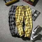 HybSkr Harajuku Мужские штаны-шаровары черного, желтого цвета и штаны в клетку 2021 модные мужские свободные повседневные брюки в Корейском стиле Мужские штаны-шаровары