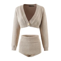 jc%c2%b7kilig 2021 single button long sleeve v neck knitted cardigan top casual flanging buttock knitted shorts l9793 9794