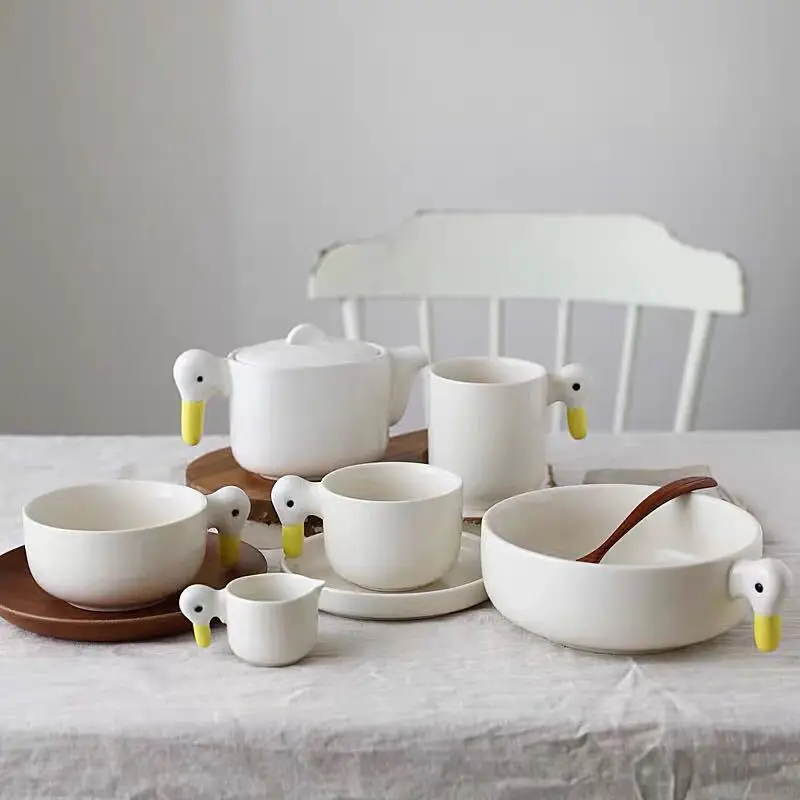 

White Duck Ceramic Plates Tableware Hand Made Duckling Tableware Teapot Coffee Cup Mug Dessert Dishes Dinnerware Set Cute Plate