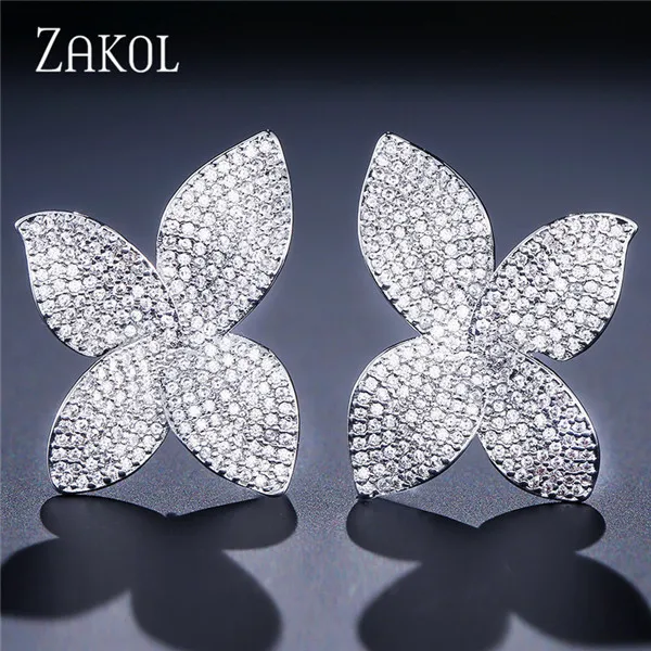 White Color ZAKOL новые модные роскошные серьги-гвоздики с бабочкой AAA кубическим цирконием, с большим цветком, для женщин, вечерние, подарки FSEP2078 - Окраска металла: White Color