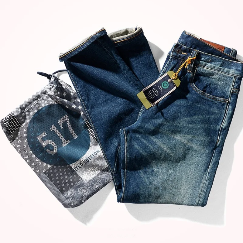 Autumn and Winter Thick Stretch Worn Looking Washed-out Jeans Men 's American Straight -Leg Trousers