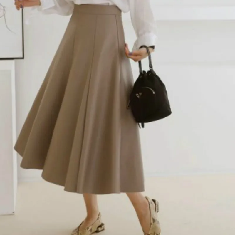 

Faux Leather High Waist A Line Flared Skirts Women Brown Black Solid Colors PU Leather Elegant Midi Skirt 2021 New Spring Wear