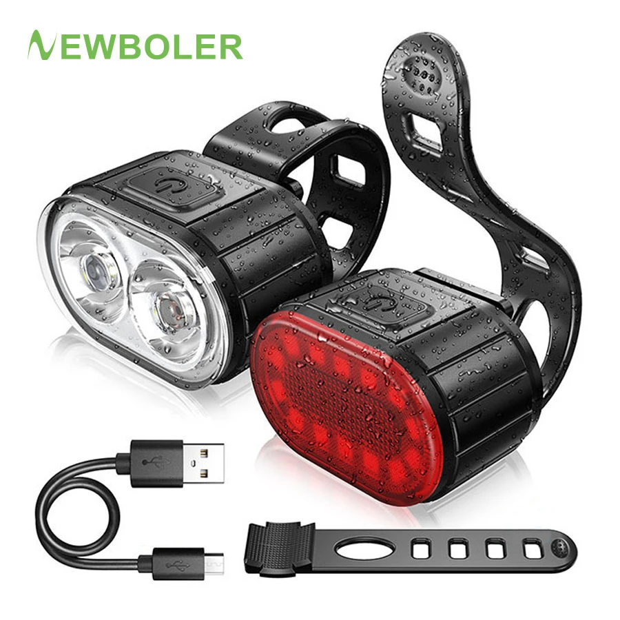 

NEWBOLER USB Rechargeable Bike Light Set Front and Back Taillight Rainproof LED Cycling Rear Bicycle Lights For MTB Night Riding