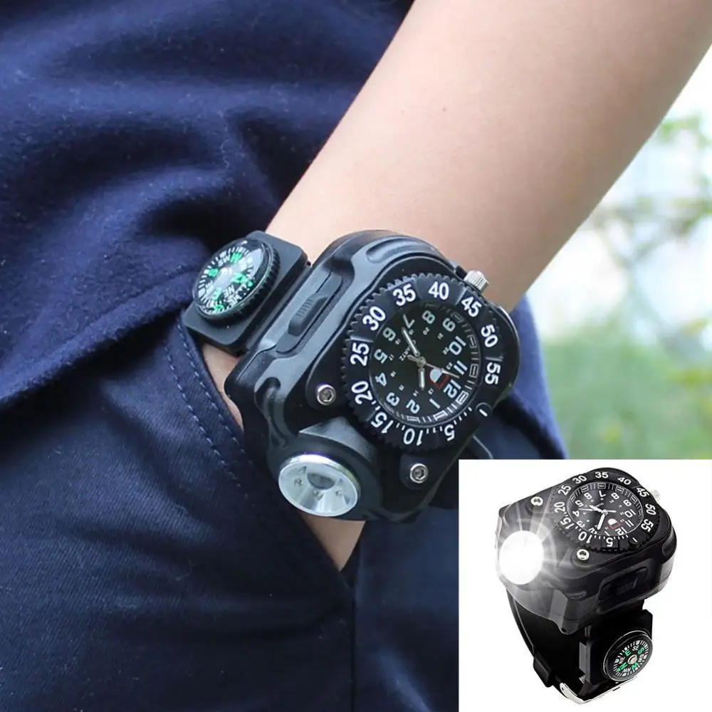 

3-in-1 Outdoor Sports Rechargeable Bright LED Flashlight Compass Wrist Watch