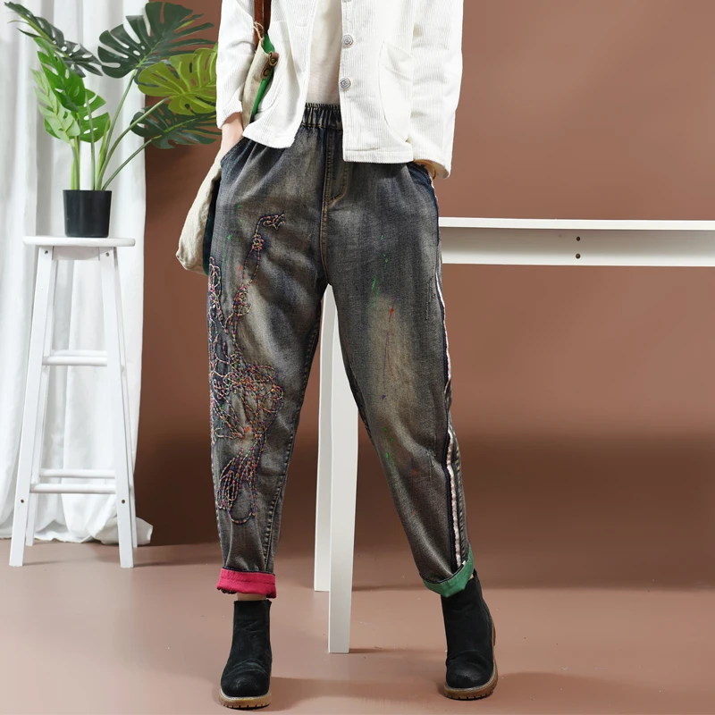 Осенние зимние джинсы женские свободные Ретро повседневные джинсовые брюки 2019