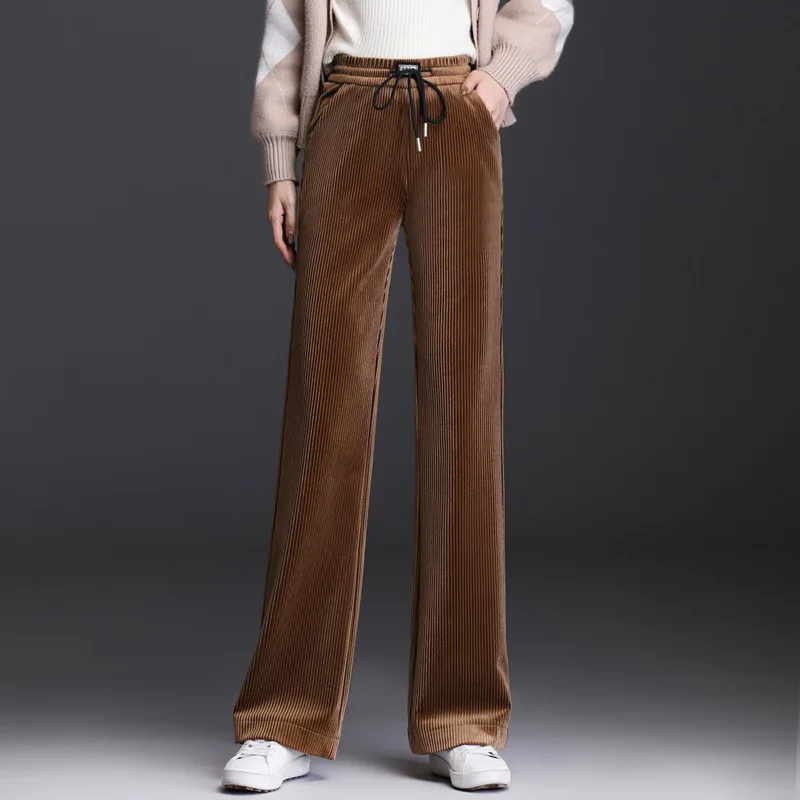 Женские свободные брюки с высокой талией повседневные утепленные бархатные и