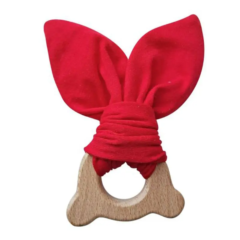 

Baby Wooden Teether Ring Bunny Ear Animal Chewable Teething Molar Play Gym Toys