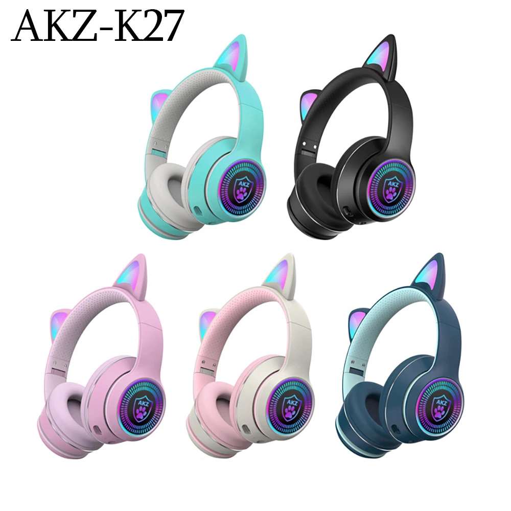 

AKZ-K27 Bluetooth 5.0 Headphones Cat Ear Shape Foldable Wireless Kids Headsets LED RGB Light Gaming Subwoofer Head Earphones