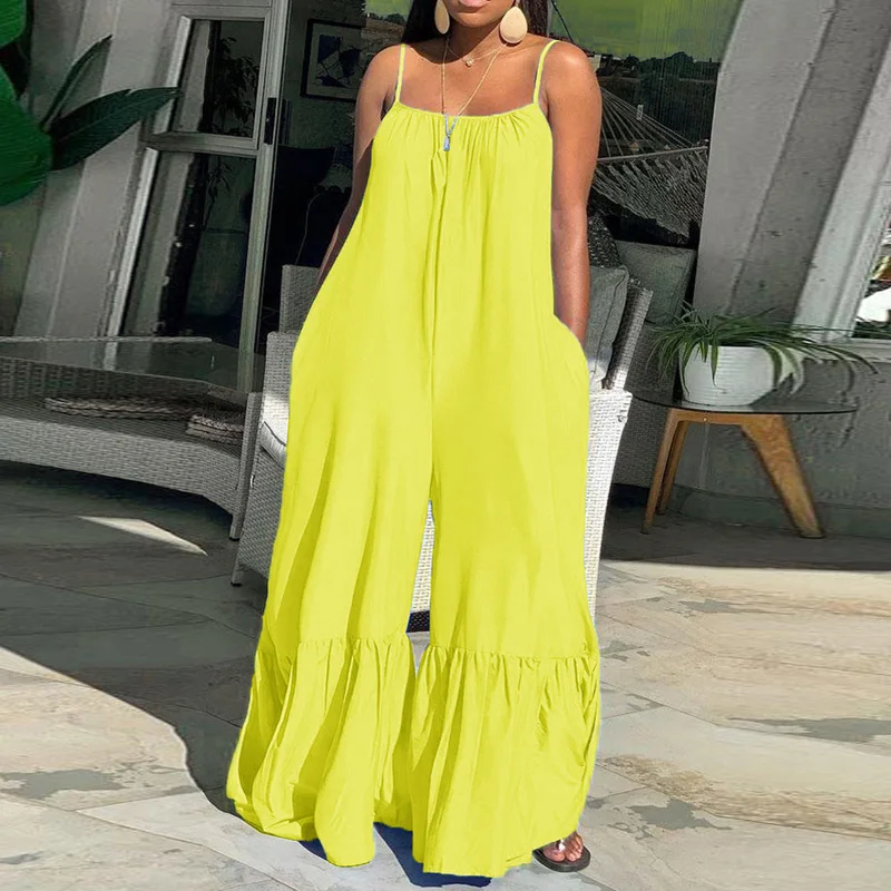 

Ladies Summer Sleeveless Sling Jumpsuit 2021 Sexy Off Shoulder Flare Pants Solid Romper Women Fashion Loose Wide Leg Playsuits