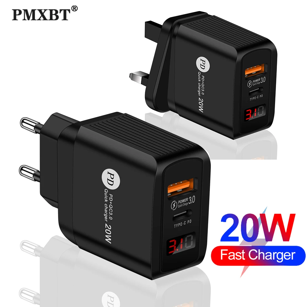 

20W USB Type C Charger PD 4.0 3.0 Fast Charging For iphone Xiaomi Huawei Mobile Phone Digital Display EU US UK plug Adapter Wall