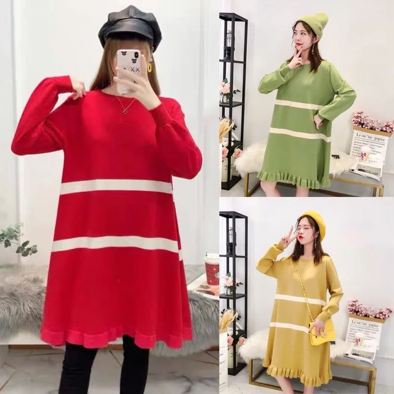 

Turtleneck Sweater Causal Dress 2020 Women Fashion Loose Autumn Winter Knitted Pullovers Long Sleeve Striped Printed Dresses E42