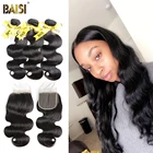 100% необработанные человеческие волосы BAISI, перуанские натуральные волосы, волнистые волосы, 3 пучка с кружевной застежкой