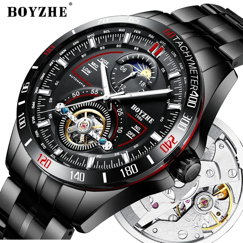 BOYZHE новые мужские автоматические часы из нержавеющей стали с турбийоном и