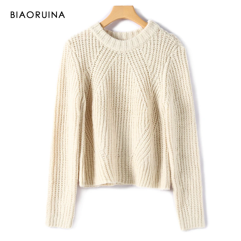 BIAORUINA 3 Colors Women's Solid Thick Needle Knitted O-neck Short Sweater Autumn Winter Female Casual Fashion Loose Pullovers | Женская