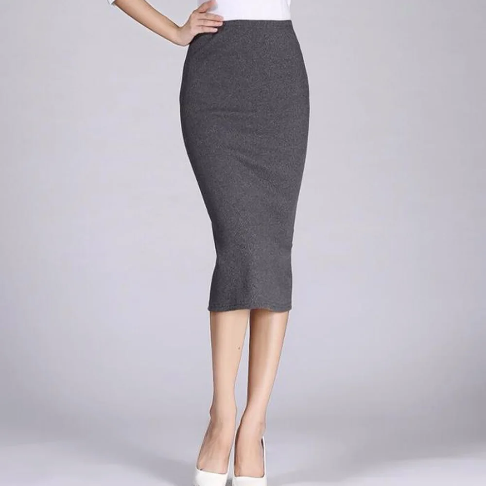 

Pencil Skirt Office Lady Work Wear Ribbed Cotton Knitted Midi Skirt Black Stretch High Waist Slim Package Hip Wrap Bodycon Skirt