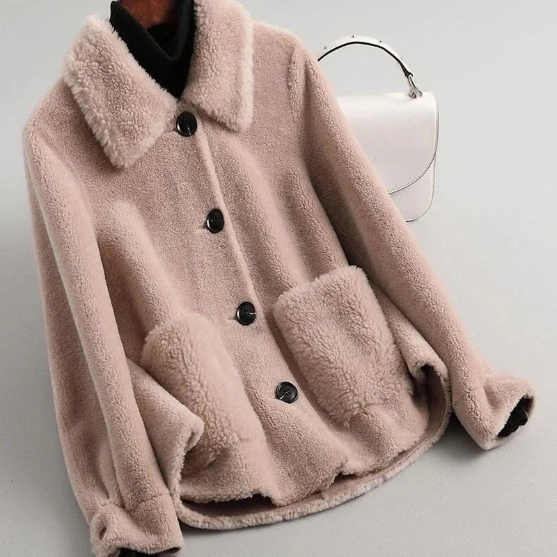 Women Autumn Winter Real Lamb Fur Sheepskin Coat Genuine Granular Sheep Shearing Jacket Female Casual Warm Outerwear X106