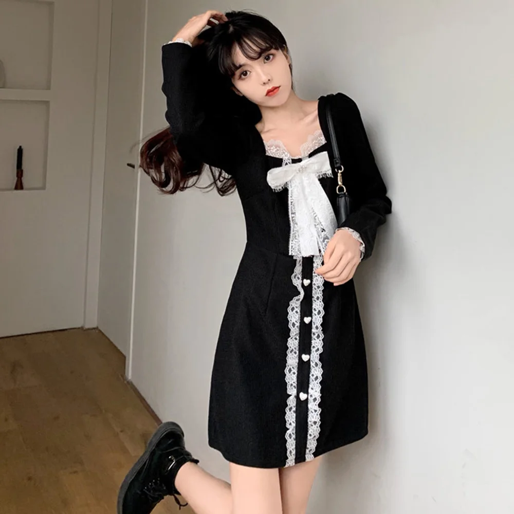 

High Street Women Dress Spring Autumn The New Fashion Designer Hipster Thin Best Sellers Bow Lace Square Collar Long Sleeve