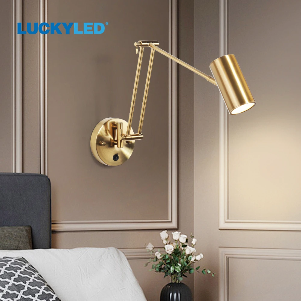 LUCKYLED Led duvar aydınlatma armatürü Nordic ayarlanabilir salıncak uzun kol altın duvar lambası yatak odası başucu aplik (ücretsiz ampul hediye olarak)