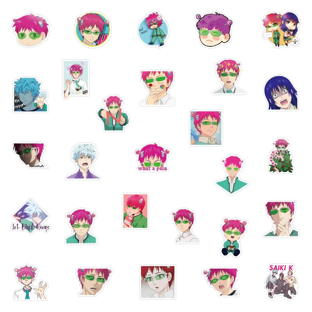 

50pcs Anime The Disastrous Life of Saiki K Stickers Decals Saiki Kusuo Sticker For Laptop Skateboard Motorcycle Kids DIY Toys