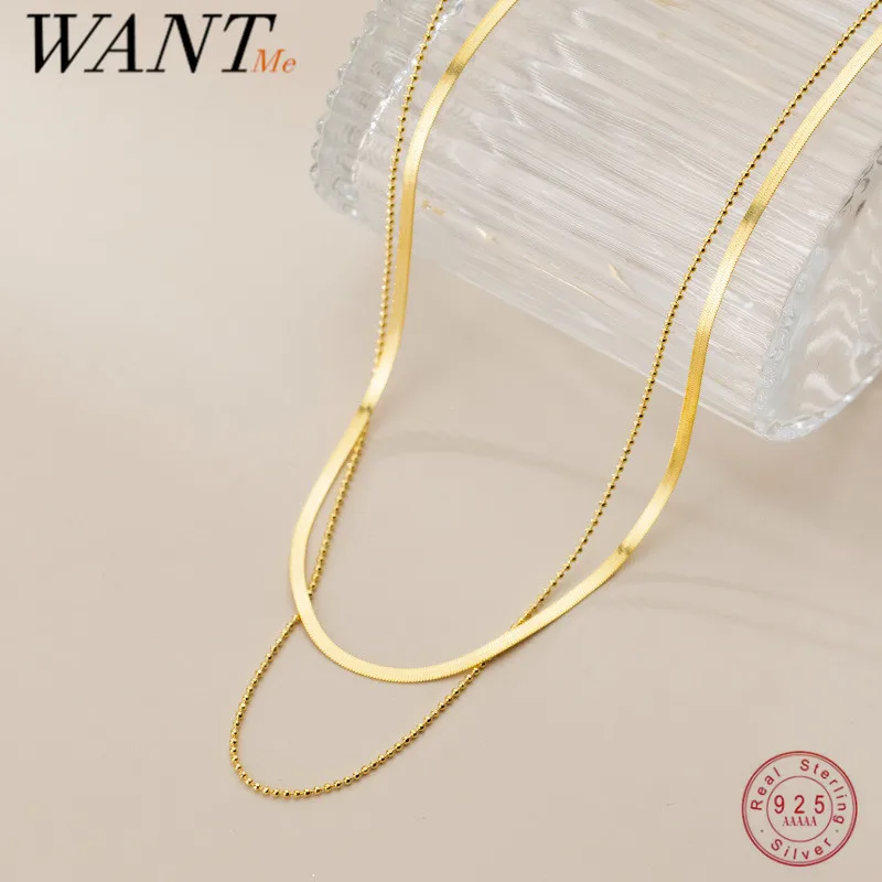 

WANTME 925 Sterling Silver Bohemian Double Snake Bone Glossy Bead Chain Necklace for Women Fashion Fine Gold Party Jewelry Gift
