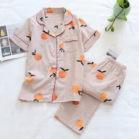 2022 new spring and summer pajamas two piece 100 cotton gauze womens short sleeved trousers home service suit cute and thin