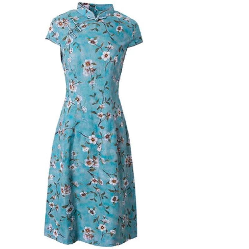 

2020 New Superior Quality Summer Printing Retro Cheongsam Dress Women Short Sleeve Ladies Party Dresses Plus Size 3xl Club Dress