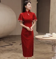 retro chinese cheongsam wedding lace summer style stand up collar short sleeve mid length dress with chicattractive neck