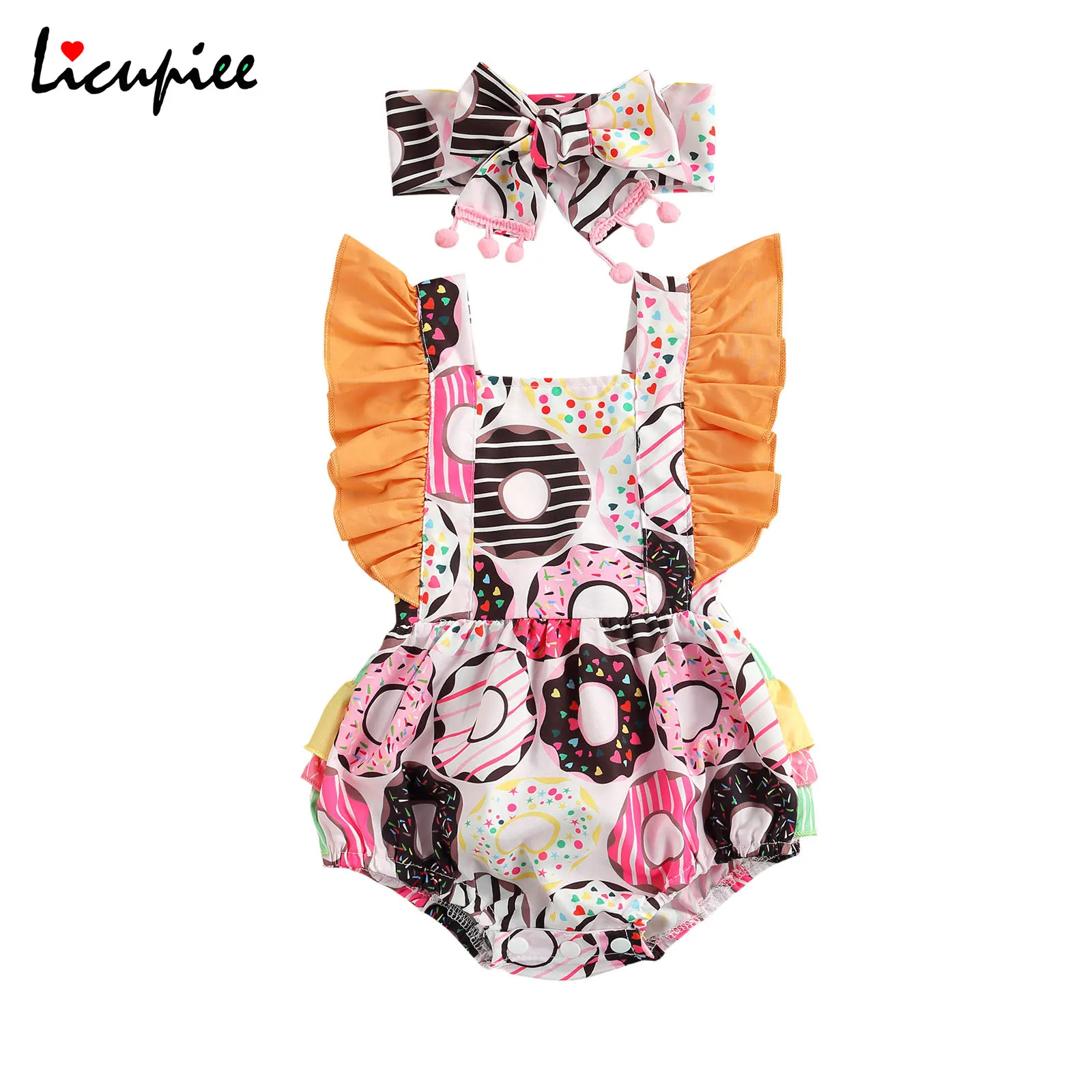 

0-24 Months 2 Pcs Baby Girl Doughnut Print Outfits Tie-up Ruffled Square Collar Fly Sleeve Romper + Bowknot Headband Pompoms
