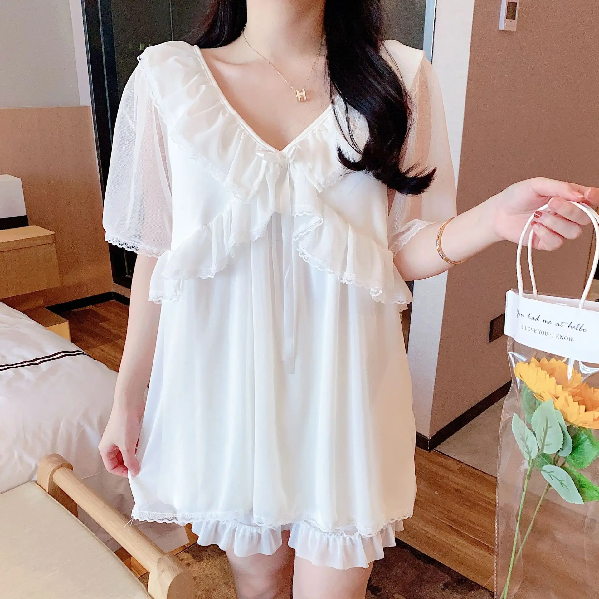 Women's Pajamas Set Summer Ice Ribbon Bra Lovely Pure Cotton Nightwear Princess Style Palace 2Pcs Suit Home Wear Sexy Sleepwear