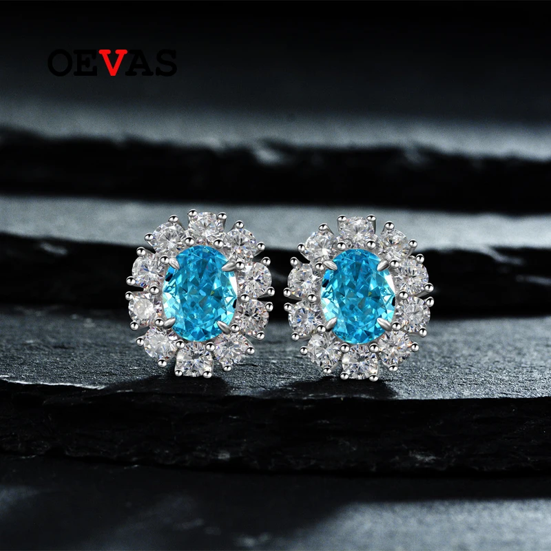 

OEVAS 100% 925 Sterling Silver 7*9mm Oval Aquamarine High Carbon Diamond Stud Earrings For Women Sparkling Wedding Fine Jewelry