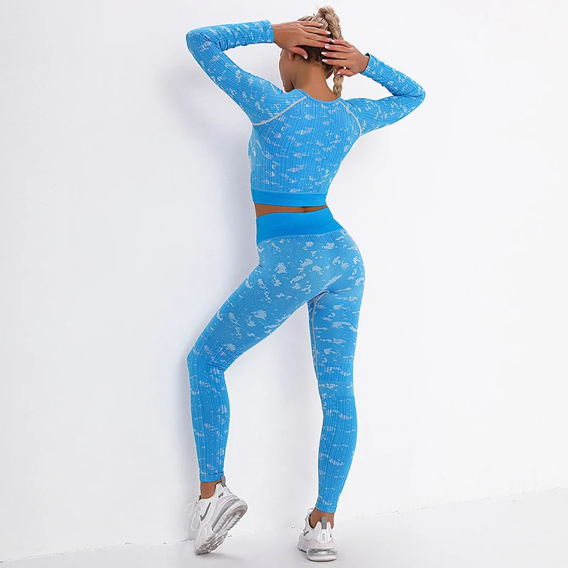 

2PCS Long Sleeve Sportswear Women Jacquard Yoga Set Fitness Legging and Shirt Top Suit Female Workout Clothes Gym Sports Outfit
