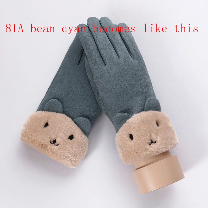 

New Winter Female Lace Warm Cashmere Three Ribs Cute Bear Mittens Double thick Plush Wrist Women Touch Screen Driving Gloves 81C